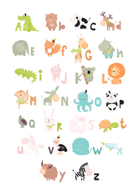 Yazdır. Hayvanlarla vecto alfabesi. Poster. Köpekbalığı, sincap, deve, kaz, dinozor, ördek, fare, ayı, timsah, fil, ahtapot, balık, kaplumbağa, şempanze, aslan, tukan, panda, flamingo - Vektör, Görsel