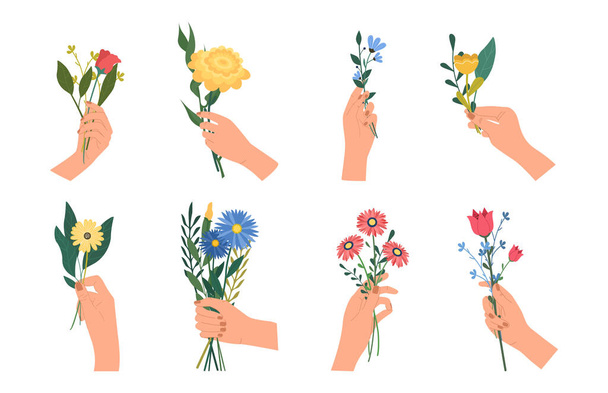 Hromada rukou držících kytice divokých květin. Květinová souprava. Stylový dekorativní design. Kvetoucí květiny. Romantický dárek pro milovaného. Všechny objekty jsou izolovány a seskupeny. Vektorová ilustrace - Vektor, obrázek