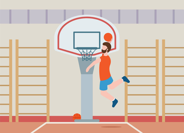 ベクトルバスケットボールの概念。健康的なライフスタイル。プロスポーツ。スポーツウェアの男がジャンプし、ジムでネットにボールを投げるためにリングのために到達します。スキルを向上させる. - ベクター画像