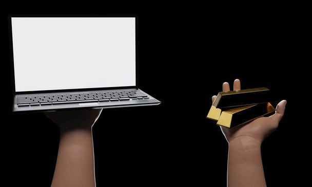 Złota sztabka po prawej. Komputer lub Laptop biały ekran pusty na lewej ręce. Czarne tło ze światłem świecącym od tyłu. Renderowanie 3D - Zdjęcie, obraz