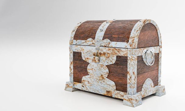 Caixa de tesouro velha enferrujada ou caixa de tesouro de madeira. Isolado no fundo branco e papel de parede. Renderização 3D. - Foto, Imagem