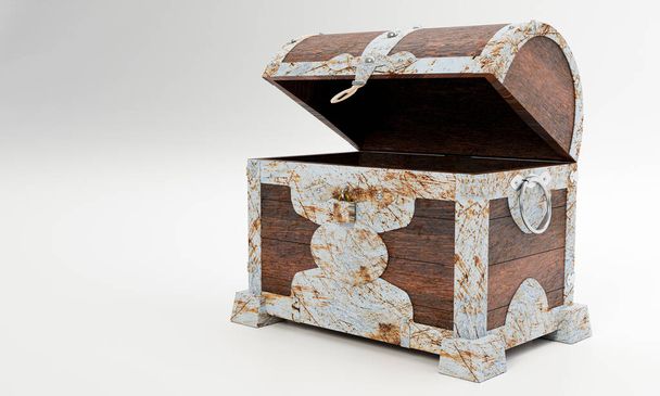 Caixa de tesouro velha enferrujada ou caixa de tesouro de madeira. Isolado no fundo branco e papel de parede. Renderização 3D. - Foto, Imagem
