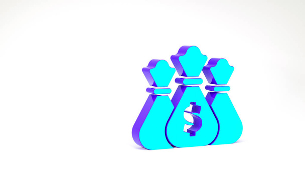 Türkiz Pénzeszsák ikon elszigetelt fehér háttérrel. Dollár vagy USD szimbólum. Készpénz Banking pénznem jel. Minimalizmus koncepció. 3d illusztráció 3D render. - Fotó, kép