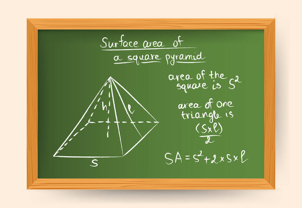 Ilustración vectorial dibujada a mano de forma geométrica pirámide cuadrada en tiza blanca sobre pizarra verde con fórmulas matemáticas de superficie total - Vector, imagen