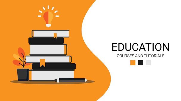 Bildungsillustration mit Text und Büchern auf orangefarbenem Hintergrund, Panorama - Vektor, Bild