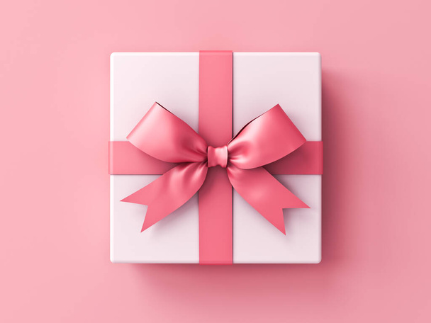 Sweet white present box or gift box with pink ribbons and bow isolated on pink pastel color background with shadow 3D rendering - Фото, изображение