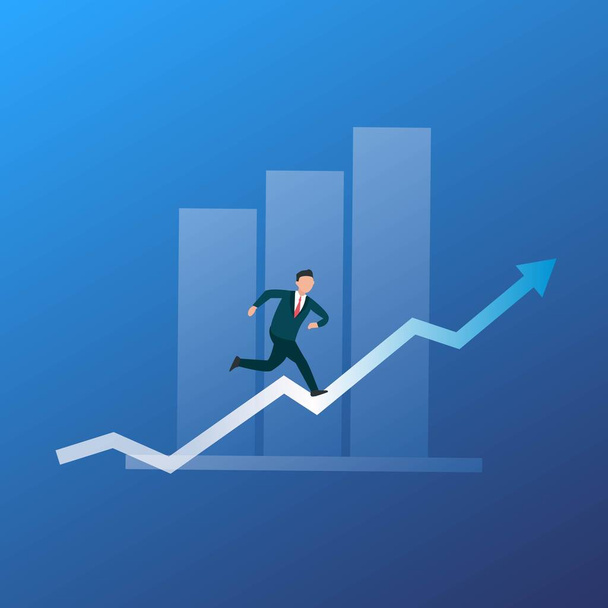 Businessman Running Up The Arrow Symbolizing Personal Development, Blue Background - Vector, Image