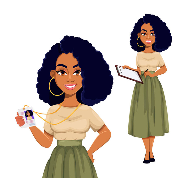 Piękna afro-amerykańska bizneswoman odpoczywająca, zestaw dwóch pozycji. Słodka afroamerykańska postać z kreskówki trzymająca odznakę i notatnik. Ilustracja wektora - Wektor, obraz