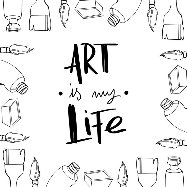 Roztomilý kawaii náměstí pohlednice pro umělce s rukopisem umění můj život na bílém pozadí. Doodle digital art outline. Tisk pro balicí papír, tkaninu, celiny, samolepku, obal - Fotografie, Obrázek