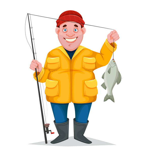 Веселый рыбак с пойманной рыбой, смешной мультяшный персонаж. Векторная иллюстрация на белом фоне - Вектор,изображение