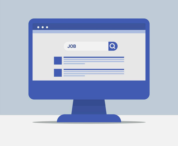 Υπολογιστής με αναζήτηση εργασίας Ιστοσελίδα στην οθόνη, μπλε φόντο, εικονογράφηση - Διάνυσμα, εικόνα