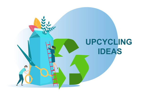 Upcycling ideas for secondary use of waste. People reusing milk carton on white background, vector illustration - Vector, Image