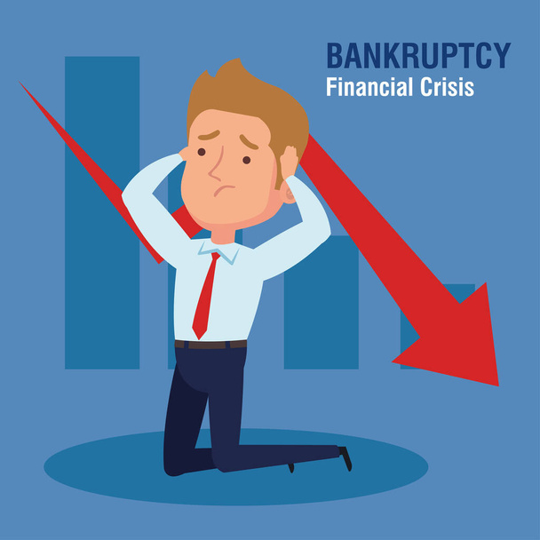 banner konkurssi finanssikriisi, jossa liikemies, nuoli alas ja infographic - Vektori, kuva
