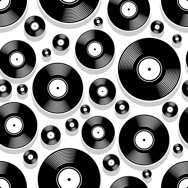 レトロ音楽ヴィンテージビニールレコードアイコン印刷可能なシームレスなパターン。ベクトルイラスト。壁紙、ラッパー、包装、ファブリック、繊維、紙のデザインや任意の装飾に最適です。. - ベクター画像