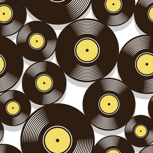 Retro zene vintage bakelit lemez ikon nyomtatható zökkenőmentes minta. Vektor illusztráció. Ideális tapéta, papír, csomagolás, szövet, textil, papír tervezéshez és bármilyen dekorációhoz.. - Vektor, kép
