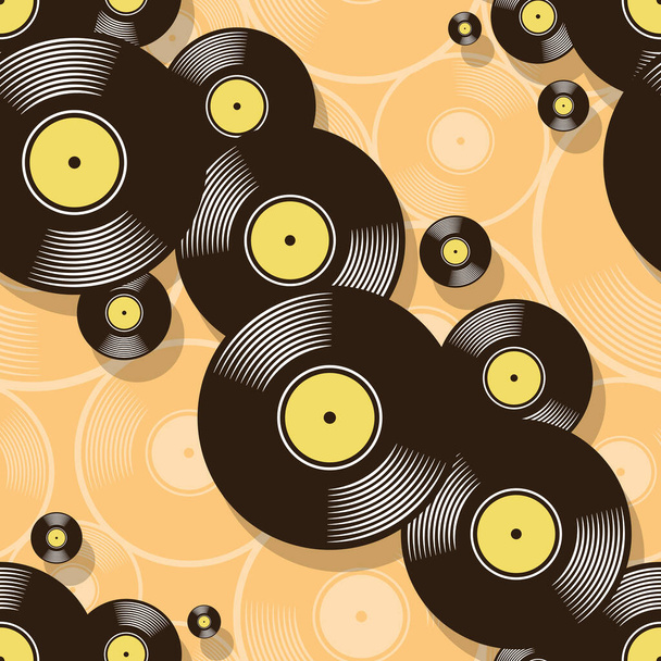 Retro music vintage vinyl record icon printable seamless pattern. Vector illustration. Ideal for wallpaper, wrapper, packaging, fabric, textile, paper design and any decoration. - Vector, Image
