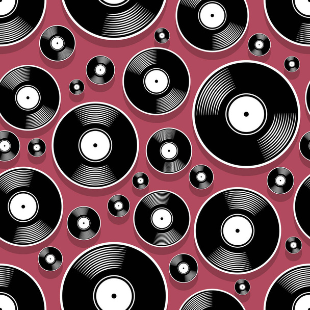 Retro music vintage vinyl record icon printable seamless pattern. Vector illustration. Ideal for wallpaper, wrapper, packaging, fabric, textile, paper design and any decoration. - Vector, Image