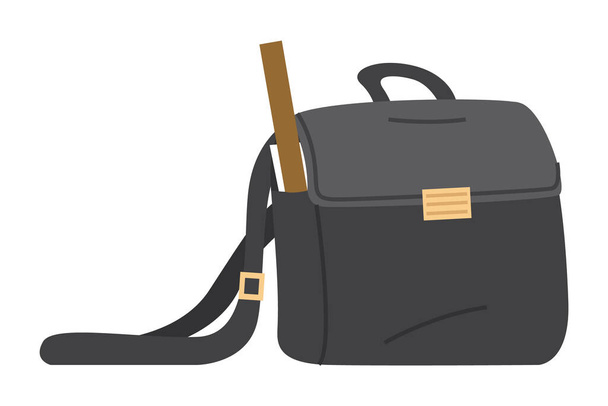 Illustration of black school bag with ruler on white background. Kids or teachers schoolbag luggage - Διάνυσμα, εικόνα