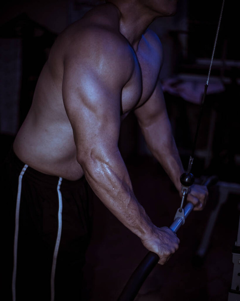 Anonymní muž nahoře bez trénuje své tricepsy s mašinkami. Intenzivní trénink. Tmavé prostředí s modrým světlem. Zpocené tělo po půl hodině cvičení. - Fotografie, Obrázek