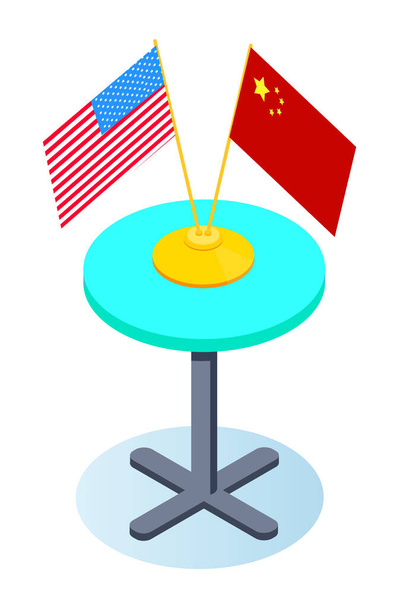 Round table with american and chinese flags. Symbol of trade cooperation, business relationship - Vektor, obrázek