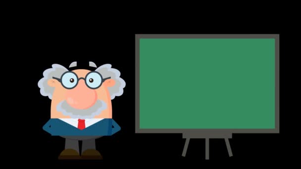 面白い教授はポインタを保持し、緑の黒板に示す - 映像、動画