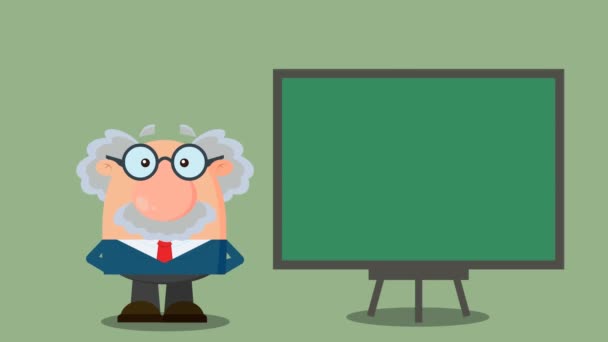 Grappig Professor hold pointer en tonen op groen schoolbord - Video