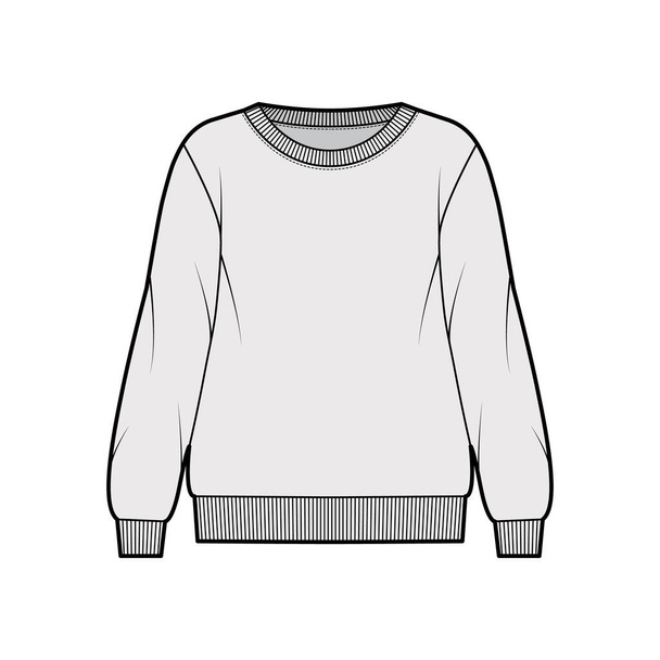 クルーネックライン、長袖、リブ付きトリムとオーバーサイズの綿テリースウェットシャツ技術的なファッションイラスト - ベクター画像