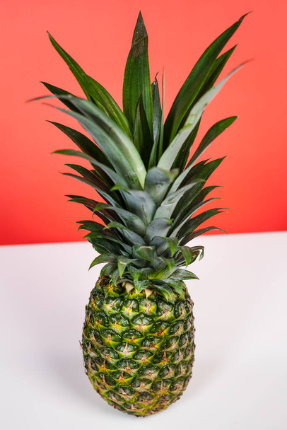 Vertikální záběr, zátiší čerstvého ananasu na bílém a červeném pozadí. - Fotografie, Obrázek