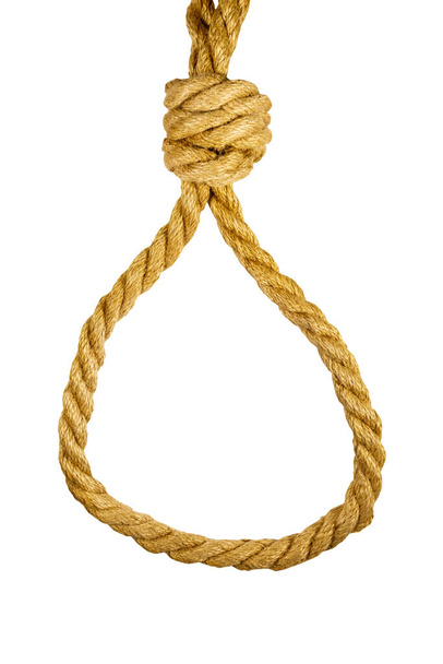 Tappava silmukka köyden eristetty valkoisella pohjalla. Kuolemanrangaistuksen tai itsemurhan käsite - Valokuva, kuva
