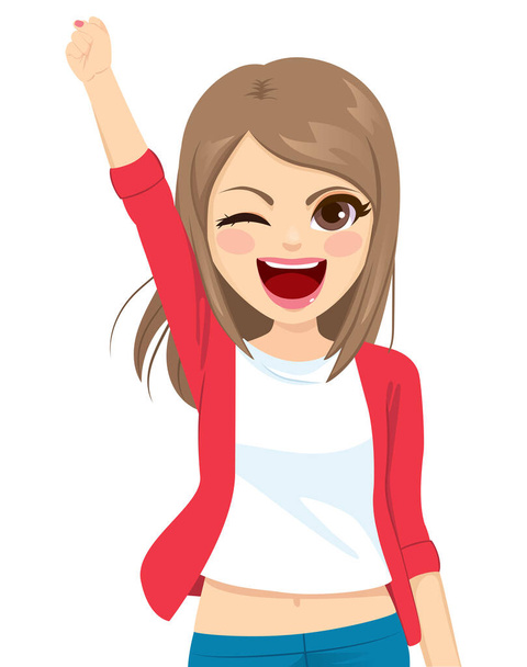 Young woman rejoicing her success and victory clenching fist up with joy celebrating achieving goal concept - Vector, Imagen