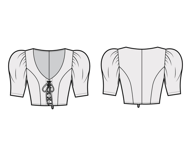 Schnürsenkel-Top technische Mode Illustration mit kurzen Ärmeln, aufgeblasenen Schultern, tailliertem Körper. Flaches Hemd - Vektor, Bild