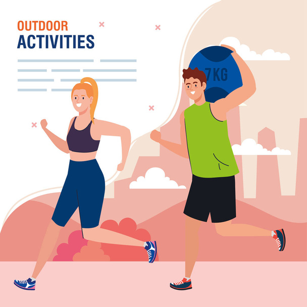 banner venkovní aktivity, mladý pár dělá cvičení, rekreační cvičení sport - Vektor, obrázek