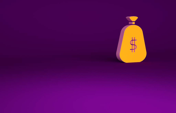Icône sac argent orange isolé sur fond violet. Dollar ou symbole USD. Cash Banking signe de devise. Concept de minimalisme. Illustration 3D rendu 3D. - Photo, image