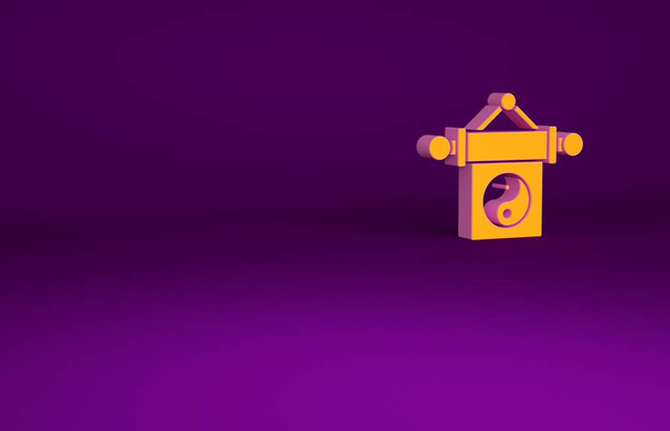 Orange Yin Yang symbol of harmony and balance icon isolated on purple background. Minimalism concept. 3d illustration 3D render. - Photo, Image