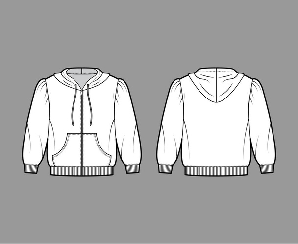 Zip-up περικοπή βαμβάκι-φανέλα hoodie τεχνική εικόνα μόδας με φουσκωτούς ώμους, μανίκια αγκώνα μπροστά τσέπη - Διάνυσμα, εικόνα