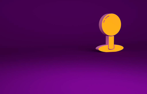 Orangefarbenes Push-Pin-Symbol auf violettem Hintergrund. Daumen drücken. Minimalismus-Konzept. 3D Illustration 3D Renderer. - Foto, Bild