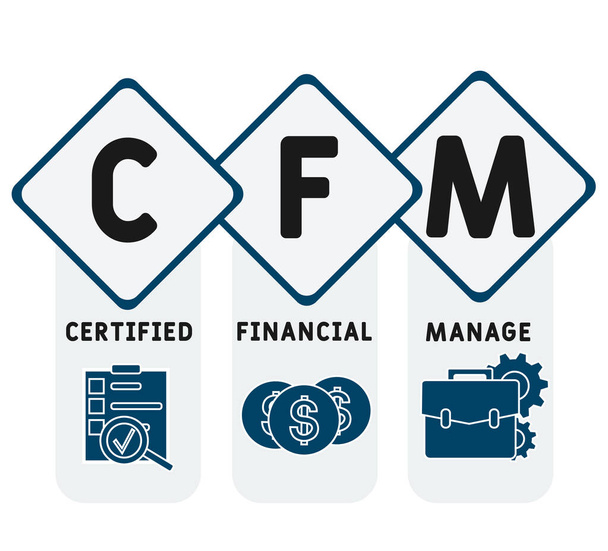 CFM - сертифицированный финансовый менеджмент. аббревиатура бизнес-концепция. концепция векторной иллюстрации с ключевыми словами и значками. буквенные иллюстрации с иконками для веб-баннера, флаера, целевой страницы - Вектор,изображение