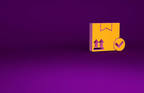 Boîte de paquet orange avec icône de coche isolée sur fond violet. Boîte à colis. Livraison approuvée ou reçu de colis réussi. Concept de minimalisme. Illustration 3D rendu 3D. - Photo, image