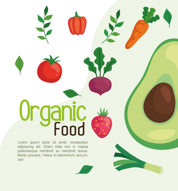 banner s bio potravinami, zeleninou a ovocem, koncept zdravé výživy - Vektor, obrázek