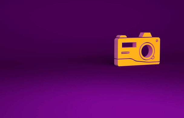 オレンジ紫色の背景に隔離された写真カメラのアイコン。カメラのアイコン。最小限の概念。3Dイラスト3Dレンダリング. - 写真・画像