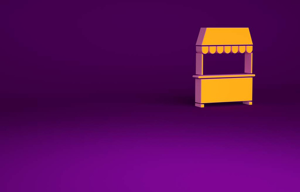 Помаранчева зала з дерев'яним зубчастим іконом, ізольованим на фіолетовому фоні. Кіоск з дерев'яною стійкою. Концепція мінімалізму. 3D-рендеринг. - Фото, зображення