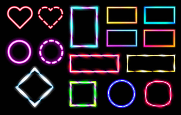 Conjunto de marco de neón vectorial. Colección de marcos de neón brillante brillante colorido. Círculos led, rectángulos, cuadrados, corazones aislados sobre fondo negro, - Vector, Imagen