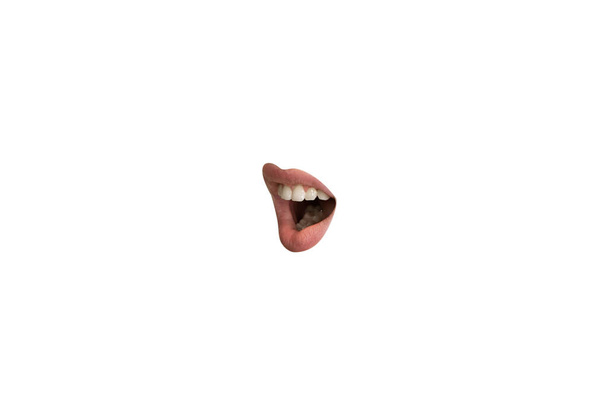 Közelkép a női száj rúzsos elszigetelt fehér stúdió háttér - Fotó, kép
