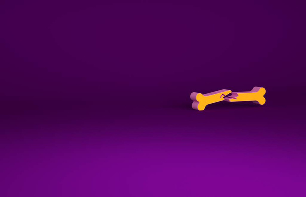 Icona di osso rotto Orange Human isolata su sfondo viola. Concetto minimalista. Illustrazione 3d rendering 3D. - Foto, immagini