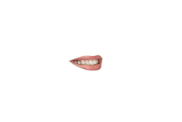 Close-up view of female mouth wearing lipstick isolated on white studio background - Foto, Bild