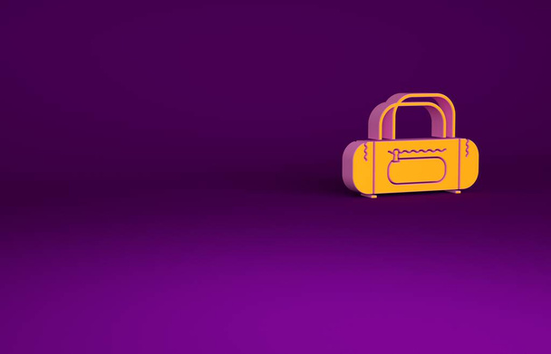 Icône sac de sport orange isolé sur fond violet. Concept de minimalisme. Illustration 3D rendu 3D. - Photo, image