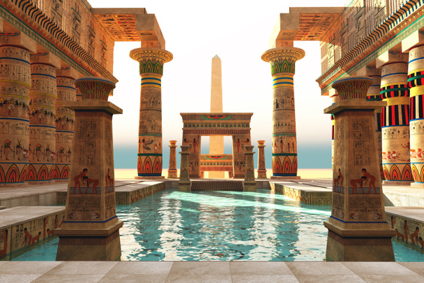 Ornate Egyptische architectuur met hiërogliefen omringen een zwembad in historisch Egypte met een obelisk staande wacht. - Foto, afbeelding