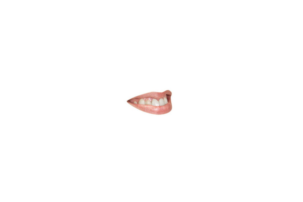 Close-up view of female mouth wearing lipstick isolated on white studio background - Фото, изображение