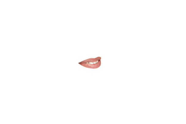 Close-up view of female mouth wearing lipstick isolated on white studio background - Фото, изображение