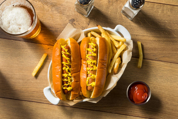 Homemade Hot Dog with Mustard and French Fries - Фото, изображение